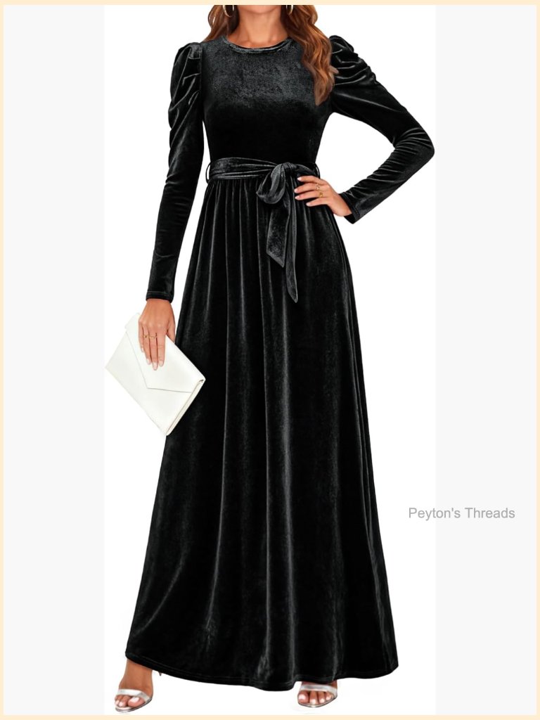Velvet Maxi Dress Long Puff Sleeve Crew Neck High Waist Cocktail Party